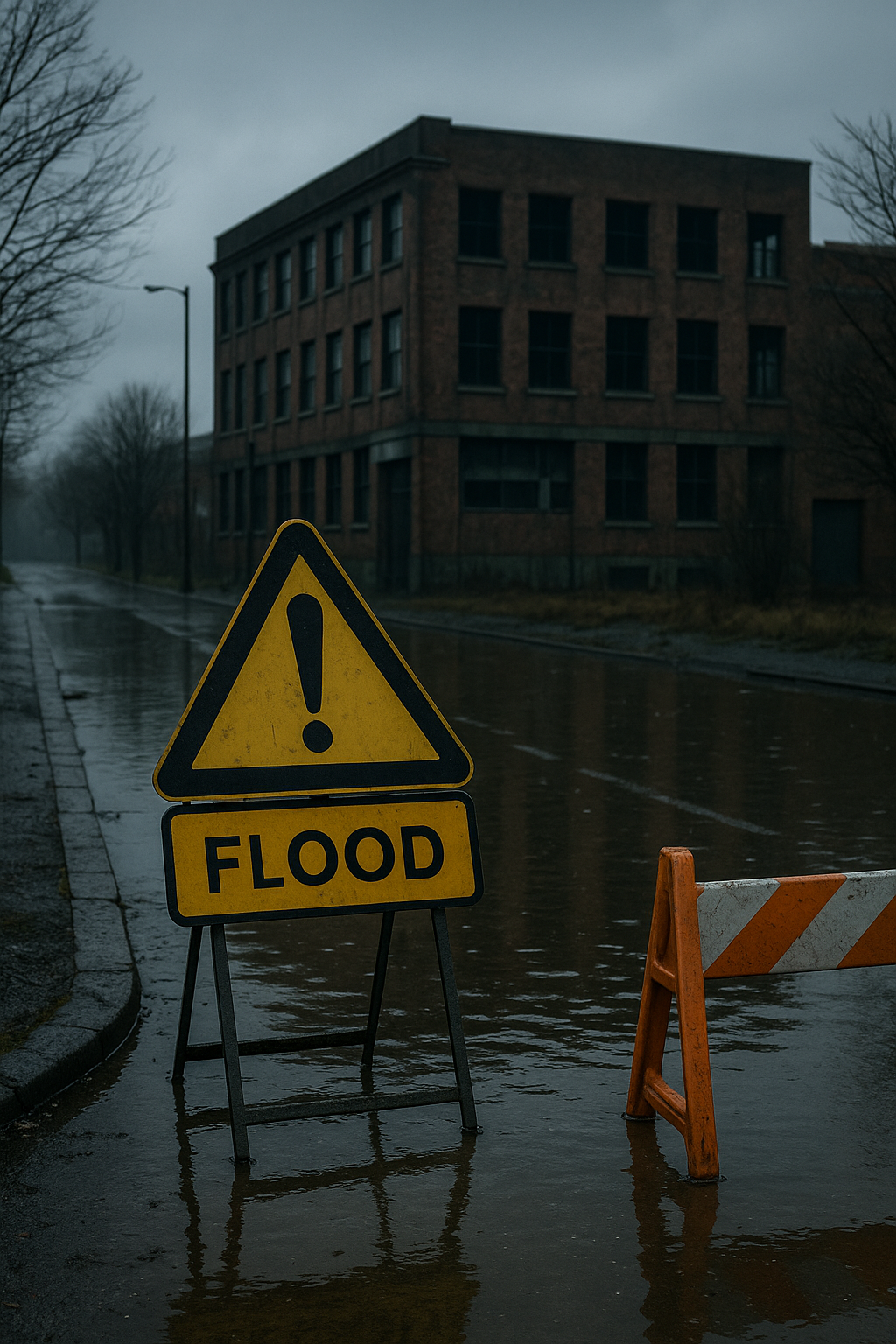 Flooded urban site with warning signs