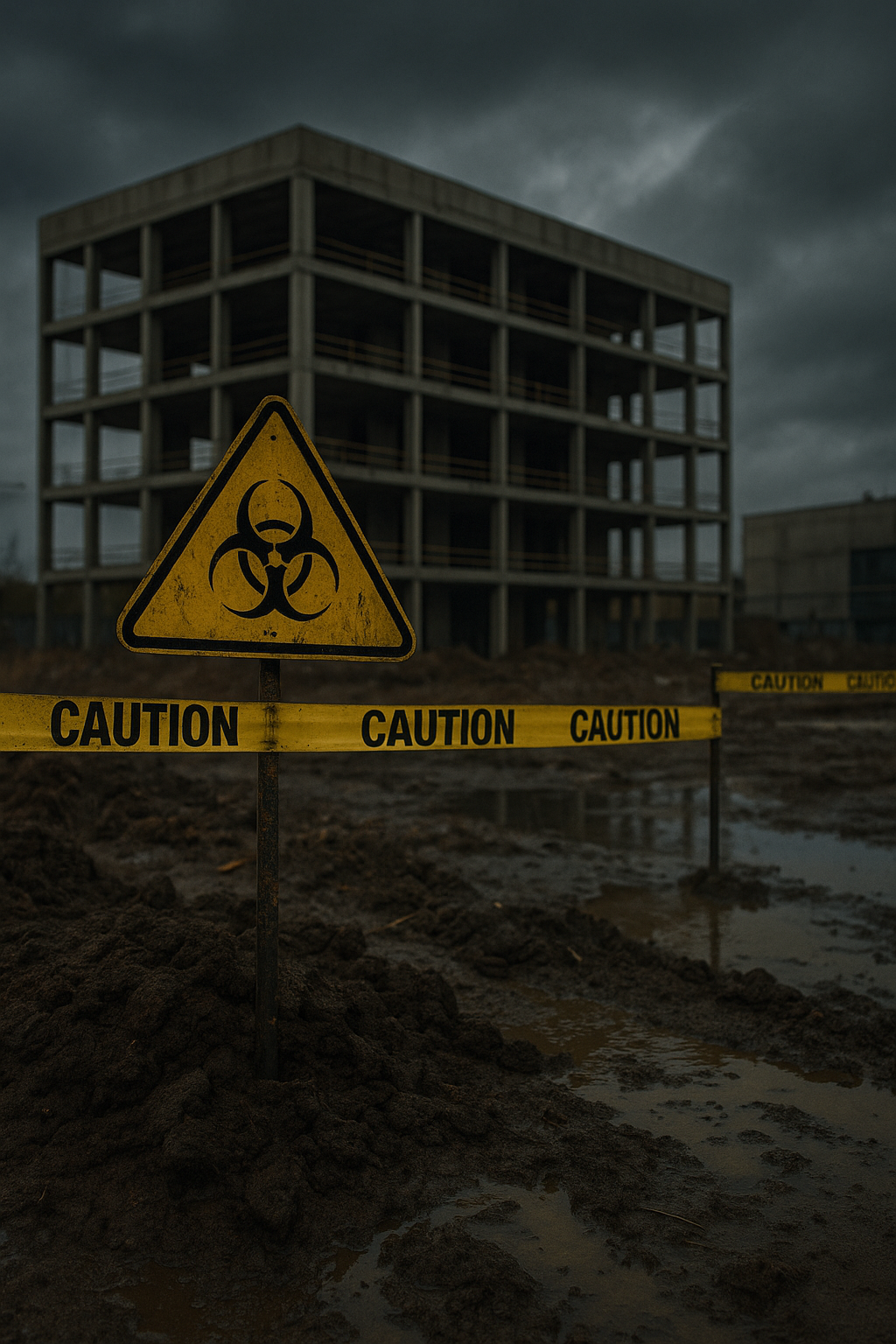 Hazardous materials caution sign at a construction site